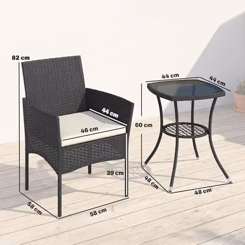 Outsunny 3 Piece Rattan Bistro Set with Upholstered Cushions and Glass-Top Coffee Table in Black and White – 7