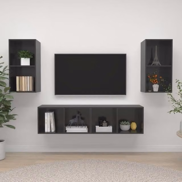 Berkfield Home Set of 4 Wall-mounted TV Cabinets in High Gloss Grey Engineered Wood
