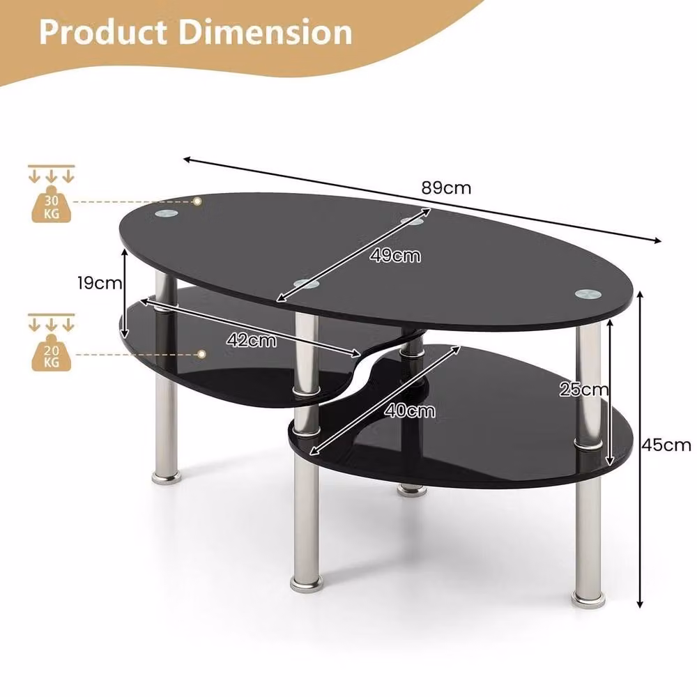 Kelvenix Modern Oval 3-Tier Smooth Glass Tea Table in Black – 2