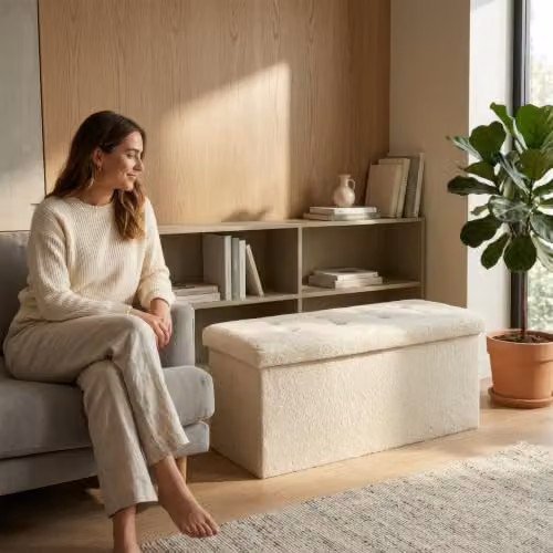 Harbour Housewares Foldable Storage Ottoman Bench in Beige Linen, W/D/H: 111 x 37 x 39 cm – 3