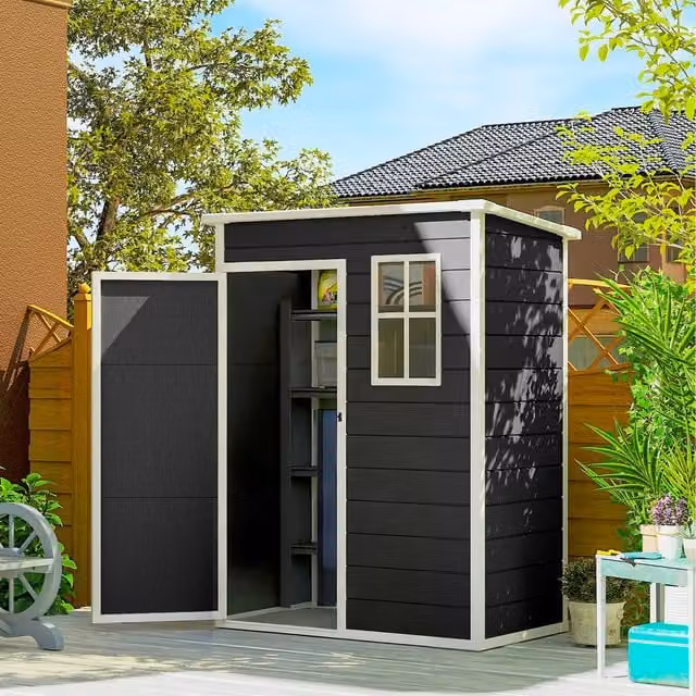 Outsunny Black Plastic Pent Garden Shed with Floor, Lockable Door and Window