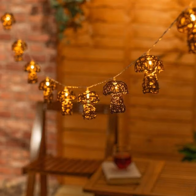 ValueLights 10 x Battery Operated Brown Rattan Mushroom Outdoor Garden String Lights with Warm White LED and Timer