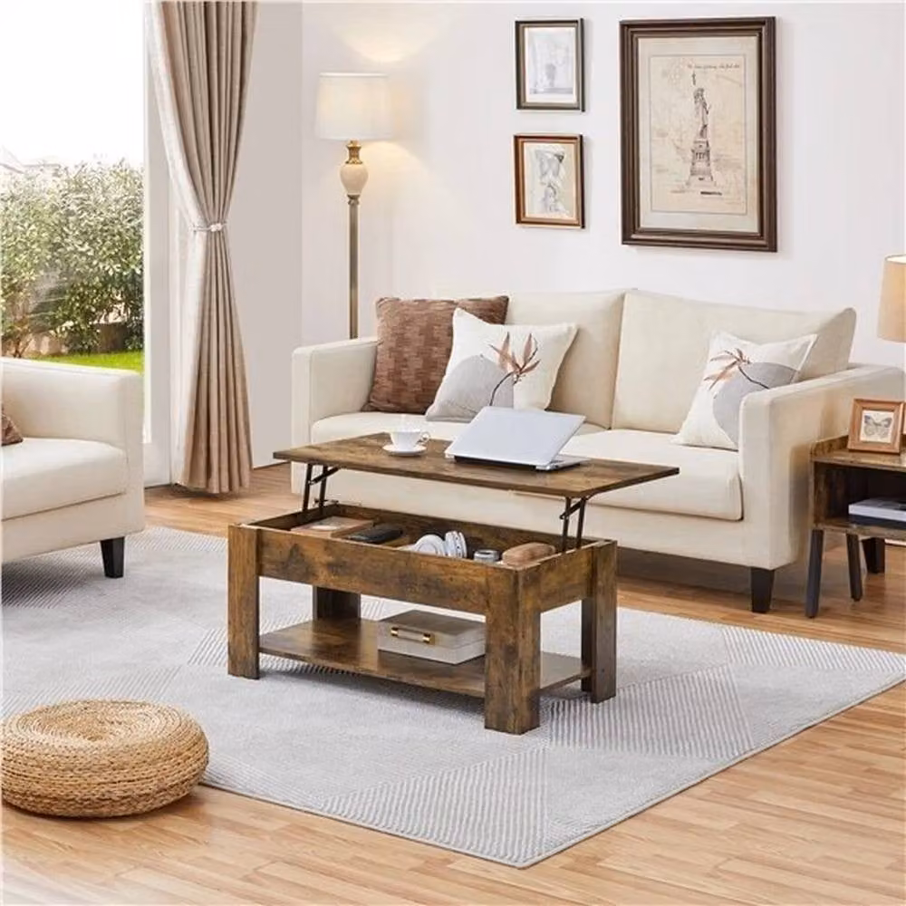 EONLION Brown Wooden Coffee Table with Lift Mechanism and Storage – 3