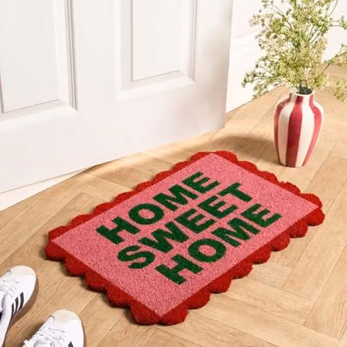 OHS Non-Slip Coir Welcome Doormat with Scallop Edge in Pink and Green, W/D: 60 x 40 cm
