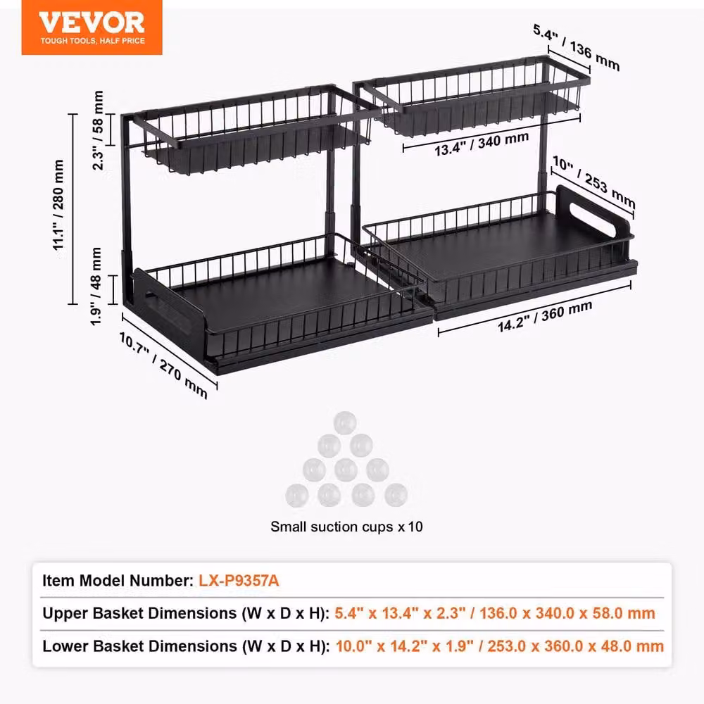 VEVOR 2 Tier Pull Out Cabinet Organizer, Black, W: 27.18 cm, D: 36.07 cm, H: 10.7 cm – 6