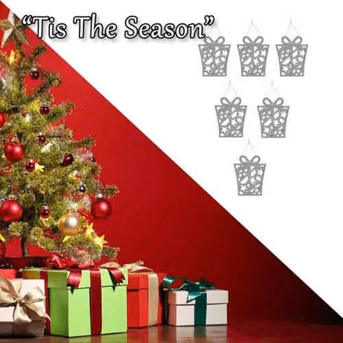 VFM e-Store Silver Glitter Hanging Present Christmas Tree Ornaments, Pack of 6, W/D/H: 17.4 x 8.0 x 1.3 cm – 6