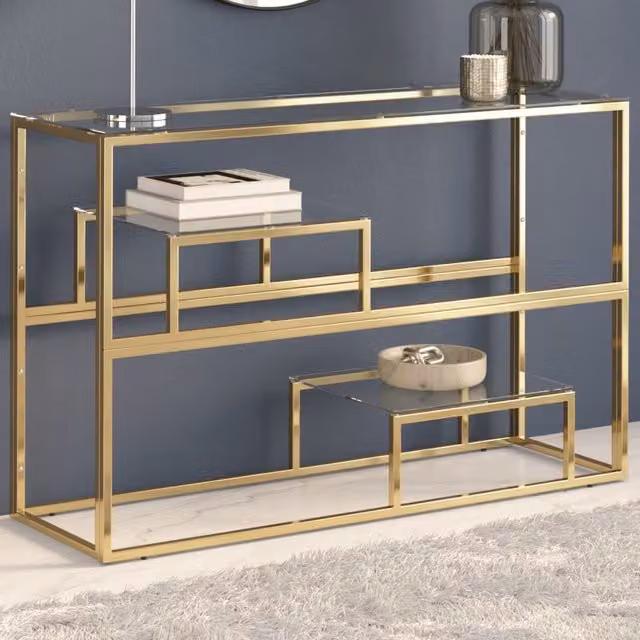 Berkfield Home Modern Rectangular Console Table in Gold Stainless Steel and Tempered Glass – 1