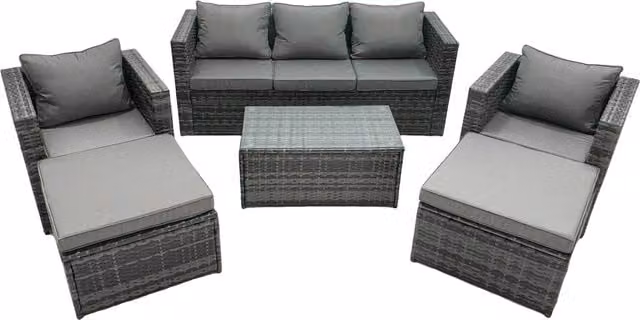 Fimous 7-Seater Rattan Garden Sofa Set in Dark Grey with 3-Seater Sofa, 2 Armchairs, 2 Ottomans and Coffee Table