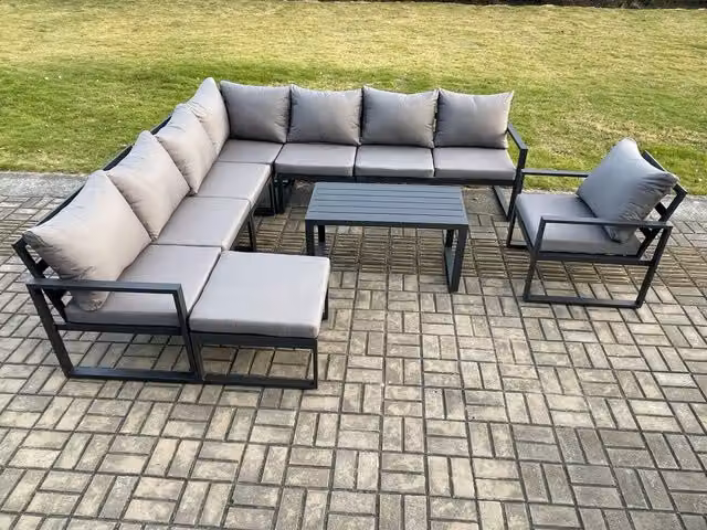 Fimous Modern L-Shape Aluminium Garden Lounge Corner Sofa Set in Dark Grey with Coffee Table and Ottoman