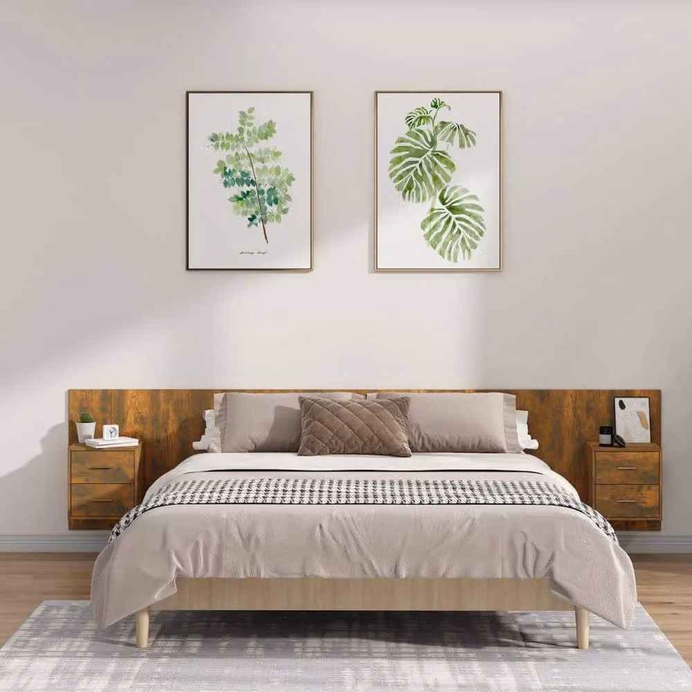 Berkfield Home Bed Headboard with Integrated Nightstands in Smoked Oak Brown Engineered Wood – 2
