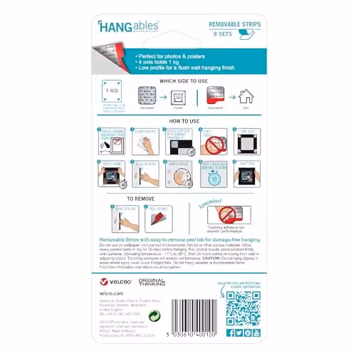 VELCRO Brand HANGables Removable Wall Fasteners, Damage Free Poster Hanging Strips, White and Multicolour, 8 Sets – 5