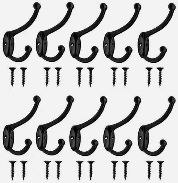 FORGEVIO 10-Piece Metal Double Hat and Coat Hooks in Black, Wall Mounted, 500mm