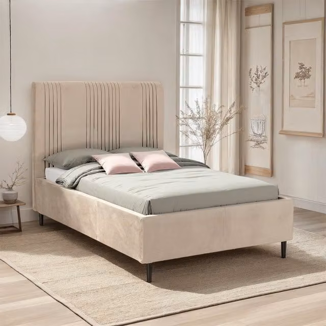 Seconique Maine Double Bed in Beige Velvet Fabric, W/D/H: 140 x 200 cm