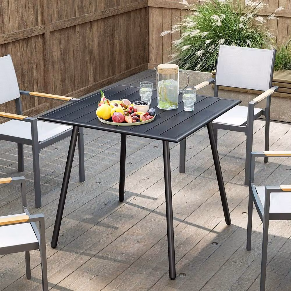 EONLION Modern Black Metal Garden Table for 4 Adults with Matt Slat Top, Width: 100 cm – 4