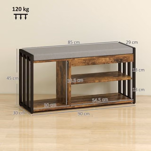 HOMCOM Entryway Shoe Storage Bench with Fabric Cushion and Metal Shelves in Rustic Brown