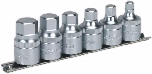 Loops 6pc Stubby Hex Key Socket Bit Set, 1/2 inch Square Drive, S2 Steel, Silver