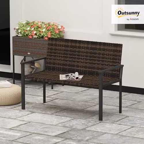 Outsunny 2 Seater Rattan Garden Bench with Quick-Drying Padding in Brown, W: 120 cm, D: 60 cm, H: 85 cm – 2