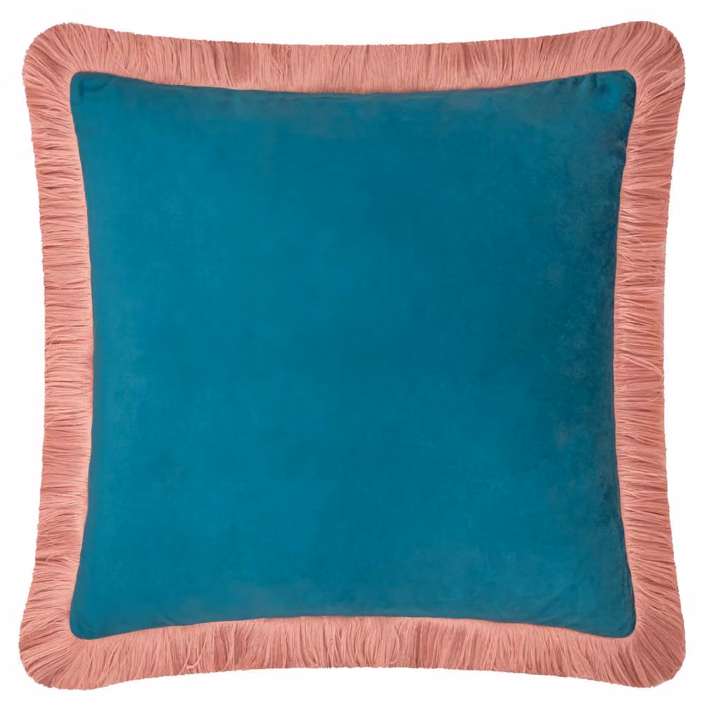Furn Halo Fringed Velvet Cushion in Petrol Blue, W x D: 50 x 50 cm – 2