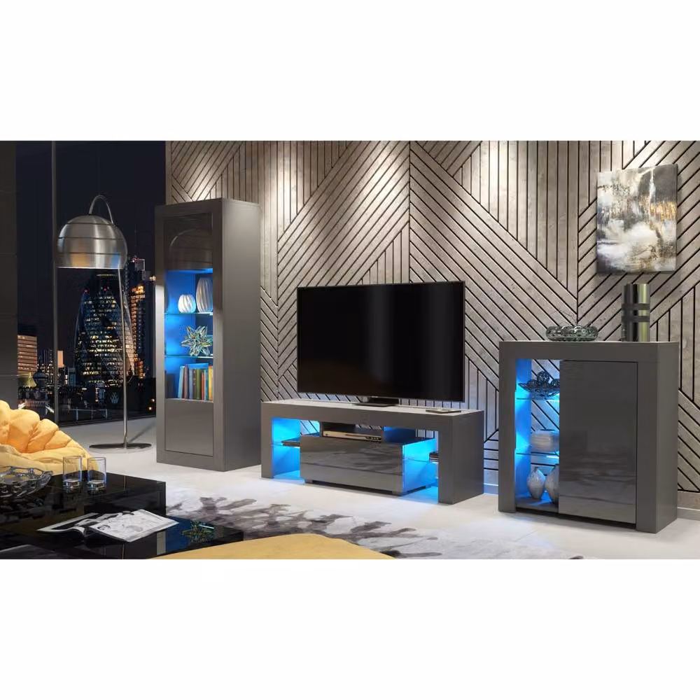 Mex Furniture LTD Floe TV Unit in Dark Grey with Glossy Doors and LED Lights, W: 130 cm, H: 45 cm, D: 35 cm – 3
