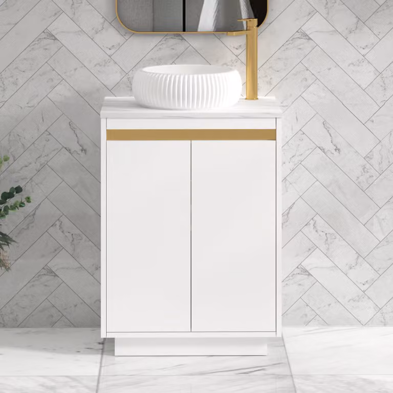 Royal Bathrooms Orion 600mm Matt White Floor Standing 2 Door Vanity Unit with Milan Basin and Brushed Brass Accent Trim