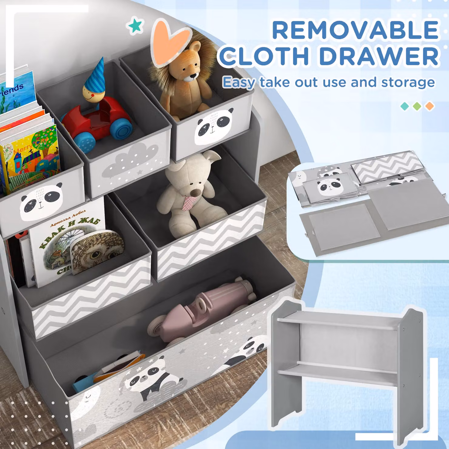 ZONEKIZ Kids Toy Storage Organiser with 6 Grey Fabric Bins – 4