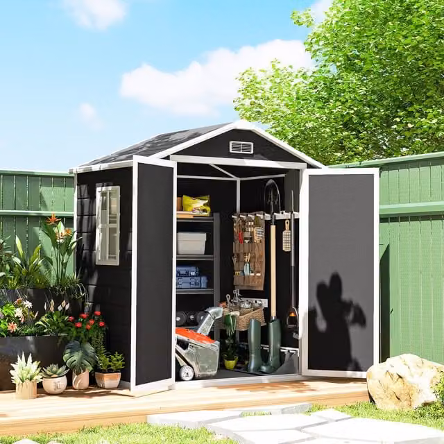 Outsunny Black Plastic Garden Shed with Lockable Double Doors and Gable Roof