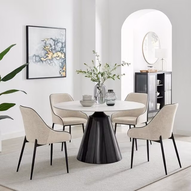 FurnitureboxUK Nina Round Ceramic Top Dining Table with 4 Cream Beaumont Chairs