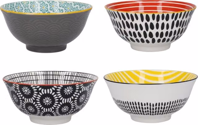 KitchenCraft Ceramic Cereal Bowl Set in Black, White and Multicolour, Diameter: 15 cm, 4 Pieces