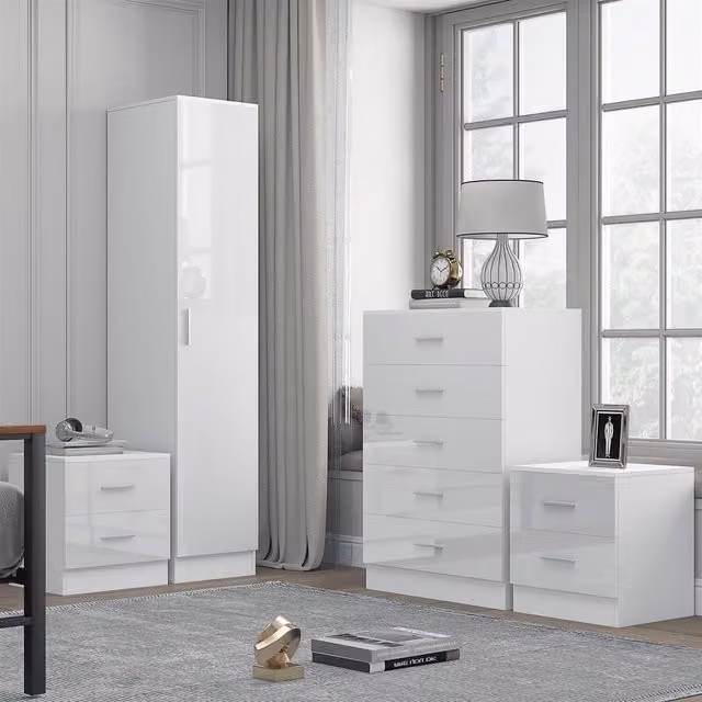 REFLECT Bedroom Furniture Set in White High Gloss and Matt White, including 1 Door Wardrobe, 5 Drawer Chest and 2 Bedsides