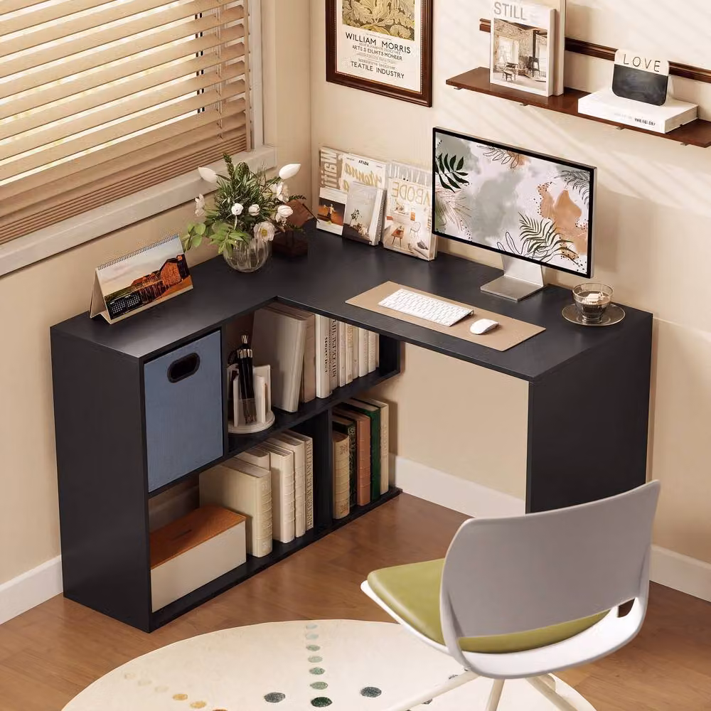 HOMCOM Modern L-Shaped Corner Desk with Fabric Drawer in Black – 2