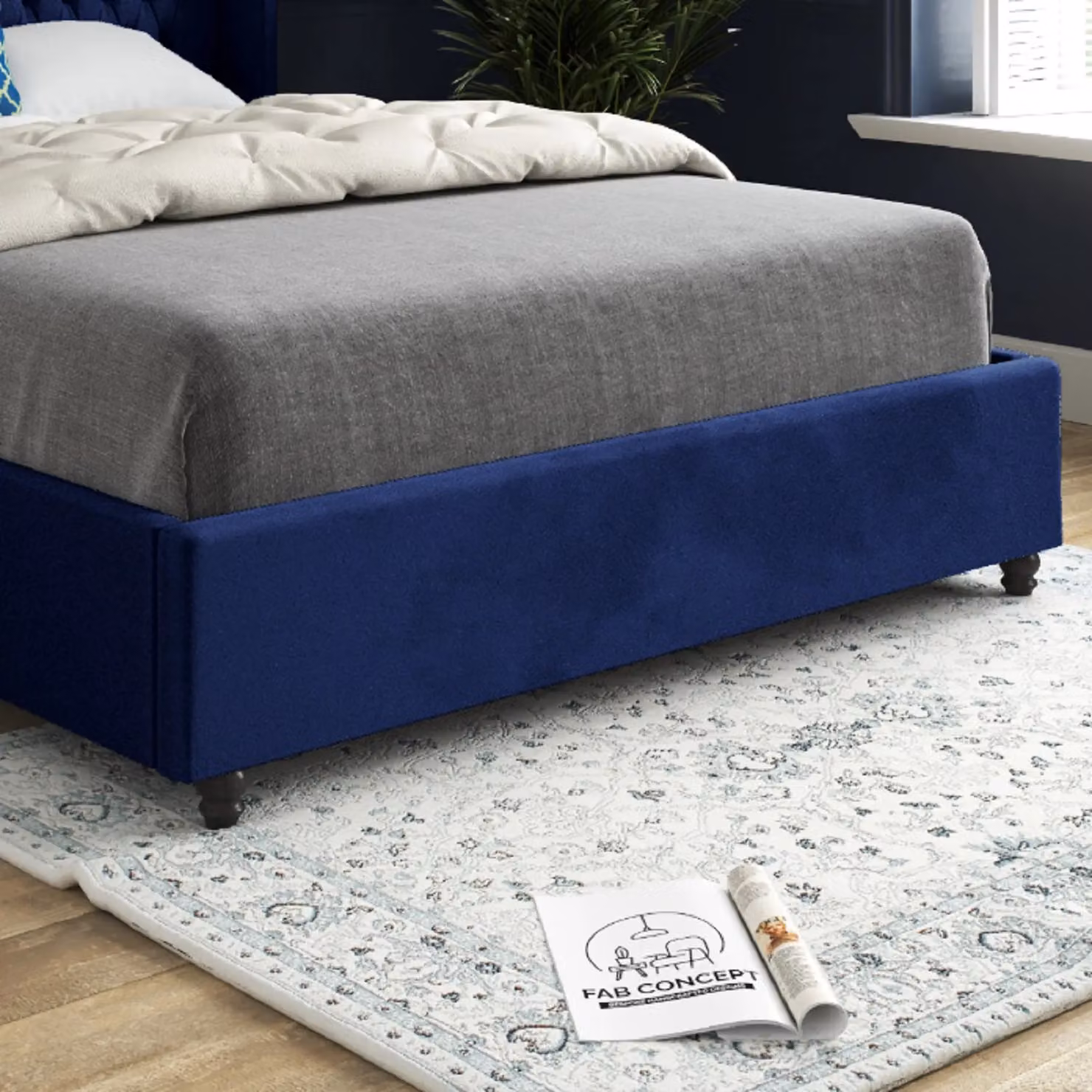 Casani Volta Straight Winged Upholstered Soft Velvet Bed Frame in Blue, W/D/H: 90 x 200 cm – 3