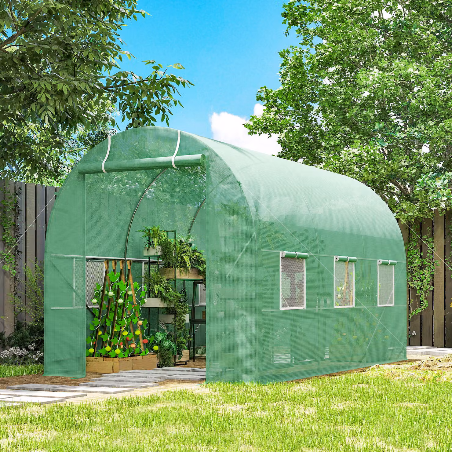 Outsunny Green Walk-in Polytunnel Greenhouse with Steel Frame and Roller Windows, W: 350 cm, D: 200 cm, H: 200 cm – 2