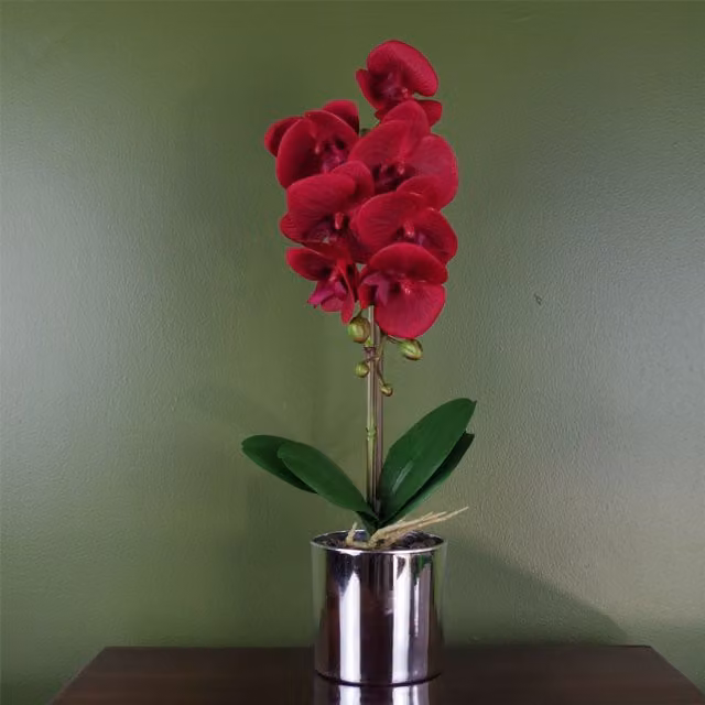Leaf Red Artificial Orchid in a Silver Pot, Height: 46 cm