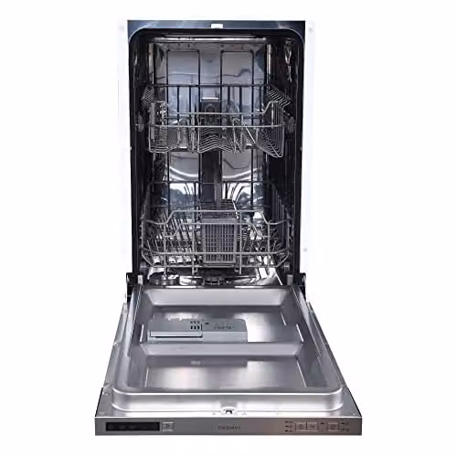 Statesman Fully Integrated Slimline Dishwasher in White and Silver, 9 Place Settings, Half Load Function, Energy Rating E, Width: 45 cm