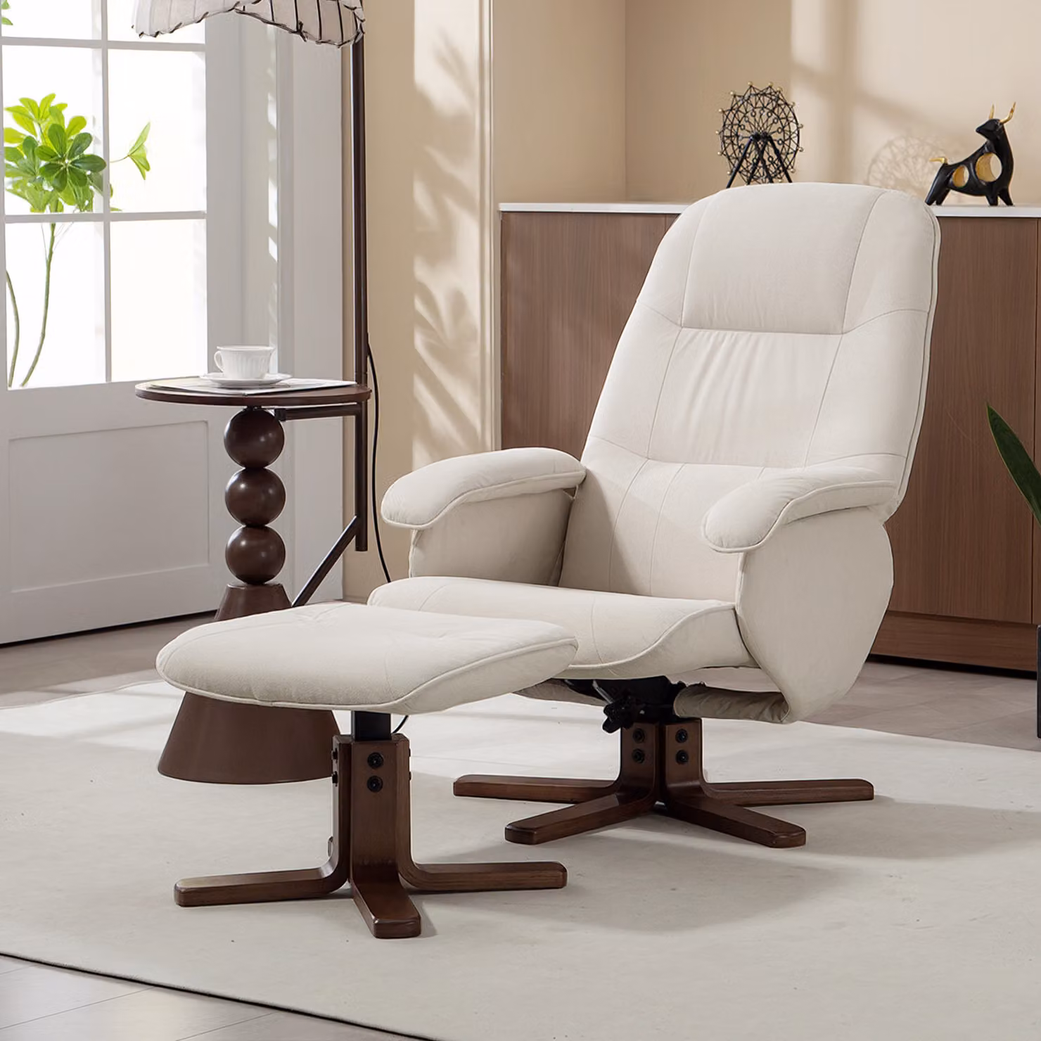 HOMCOM Reclining Swivel Chair and Footstool Set in Beige Linen Fabric with Wooden Base – 3