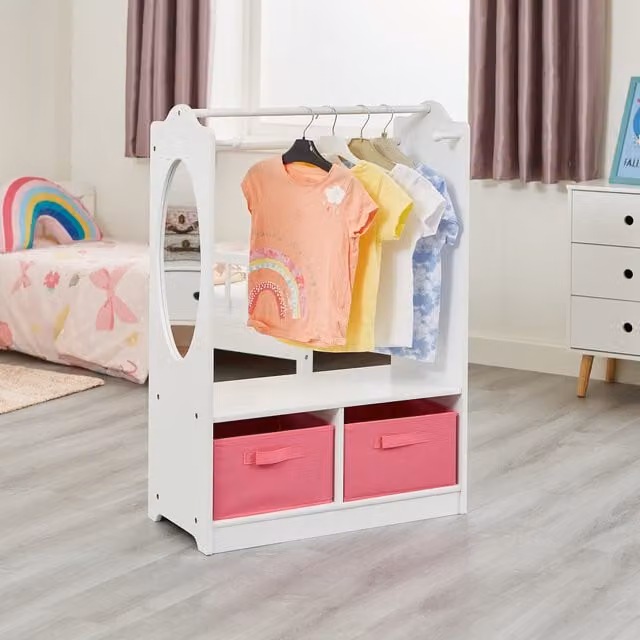 Liberty House Toys Kids White and Pink Wooden Dress Up Unit with Clothes Rail and Dual Hooks