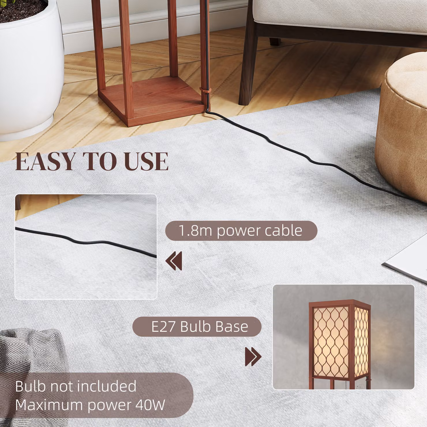HOMCOM Three-Shelf Modern Floor Lamp in Brown and White with Fabric Shade and Pull Chain, H 160 x W 26 x D 26 cm – 6