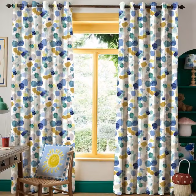 Wee Blue Bell Cloud Made To Measure Blackout Eyelet Curtains in Blue and Multicolour Cotton