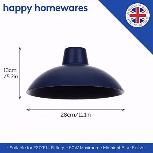 Happy Homewares Industrial Retro Matt Blue Curved Metal Ceiling Pendant Light Shade, Diameter: 29 cm – 4