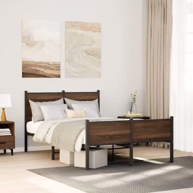 Berkfield Home Metal Bed Frame in Brown Oak, W/D/H: 120 x 200 cm