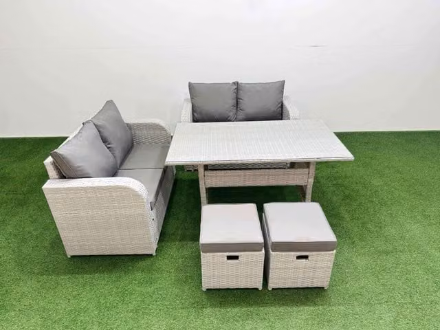 Fimous 6 Seater Rattan Garden Furniture Set with Rectangular Dining Table and 2 Small Stools in Light Grey