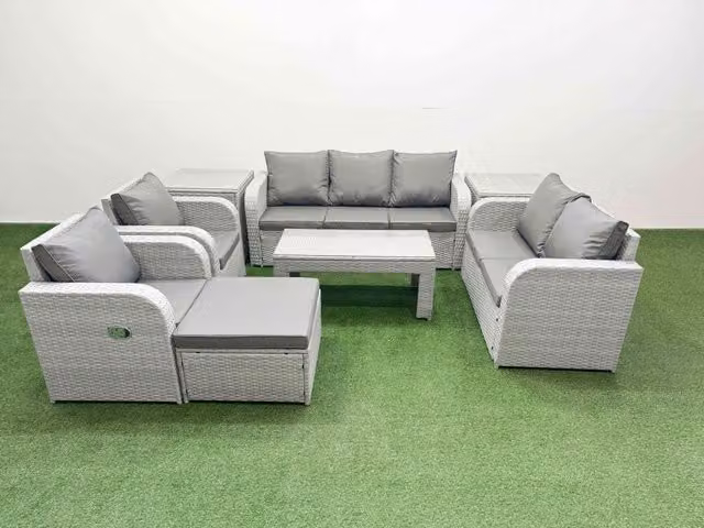 Fimous Grey PE Rattan Garden Furniture Set with Adjustable Chairs, Double Love Seat, Rectangular Coffee Table and Footstool