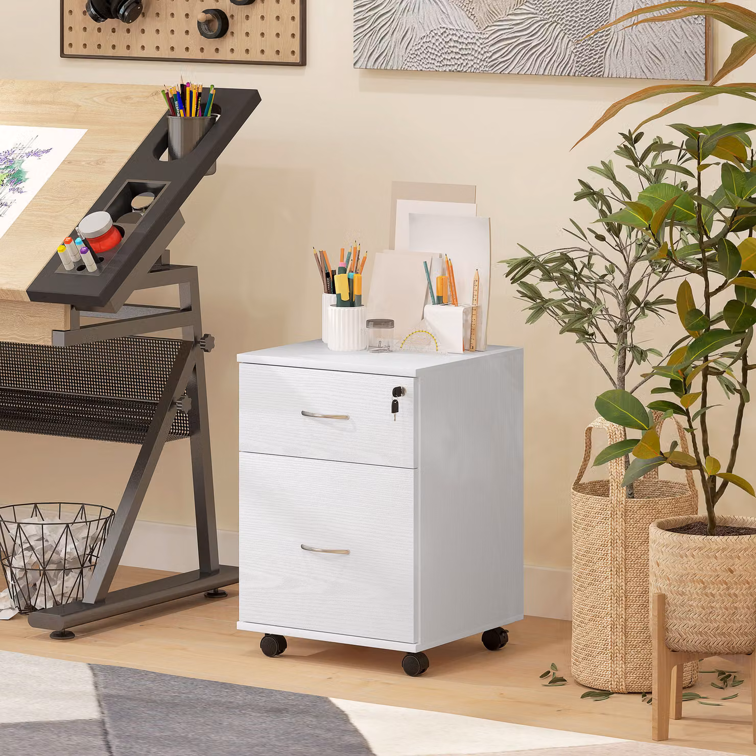 HOMCOM Two Drawer Lockable Filing Cabinet in White Wood Grain with Castors – 4