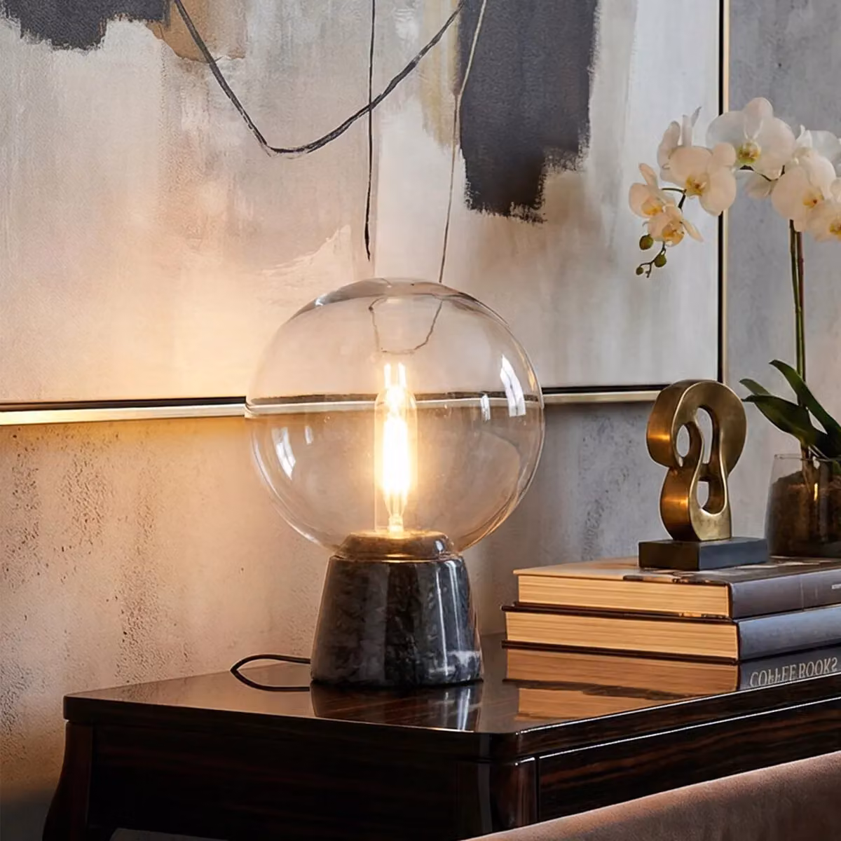 Orsina Grey Marble and Glass Globe Table Lamp with Black Base – 2