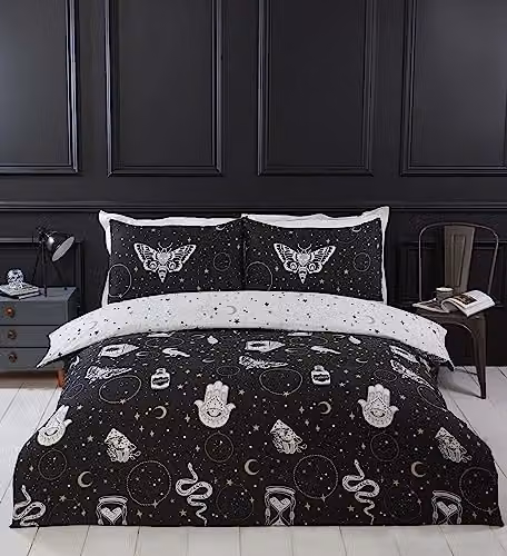 Rapport Home Gothic Magick Duvet Cover Set in Black with Skull, Moon and Stars Design, Includes 1 Pillowcase, W/D/H: 135 x 200 cm and 50 x 75 cm