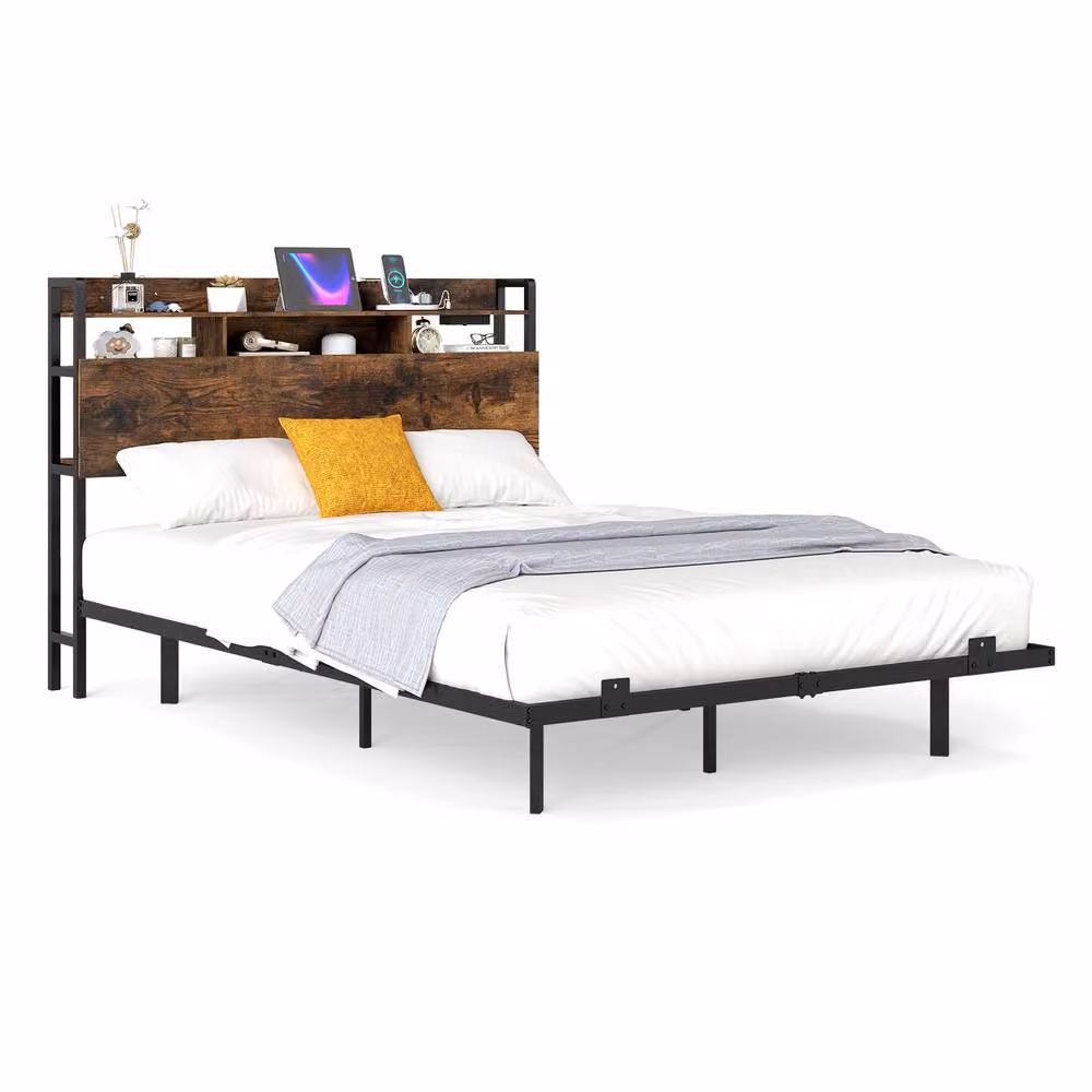 Costway King Size Floating Platform Bed Frame in Brown with LED Lights, USB Charging Port and Side Compartments, W/D/H: 180 x 200 cm – 6