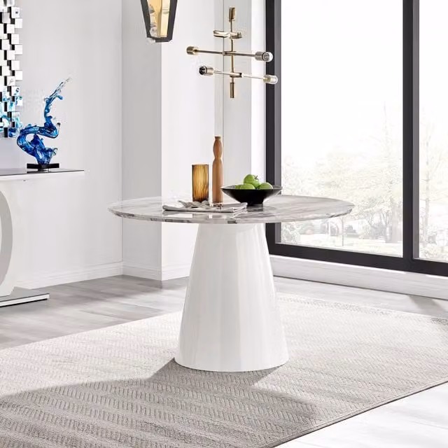 Furniturebox Palma Round Modern Kitchen Dining Table in White Marble Effect