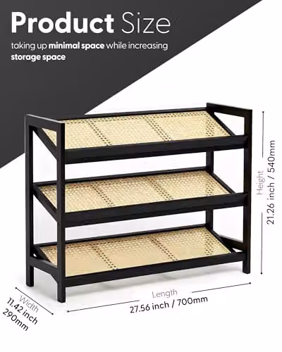 Keplin 3-Tier Bamboo and Rattan Shoe Organiser Rack in Black, W: 54 cm, H: 70 cm, D: 29 cm – 10
