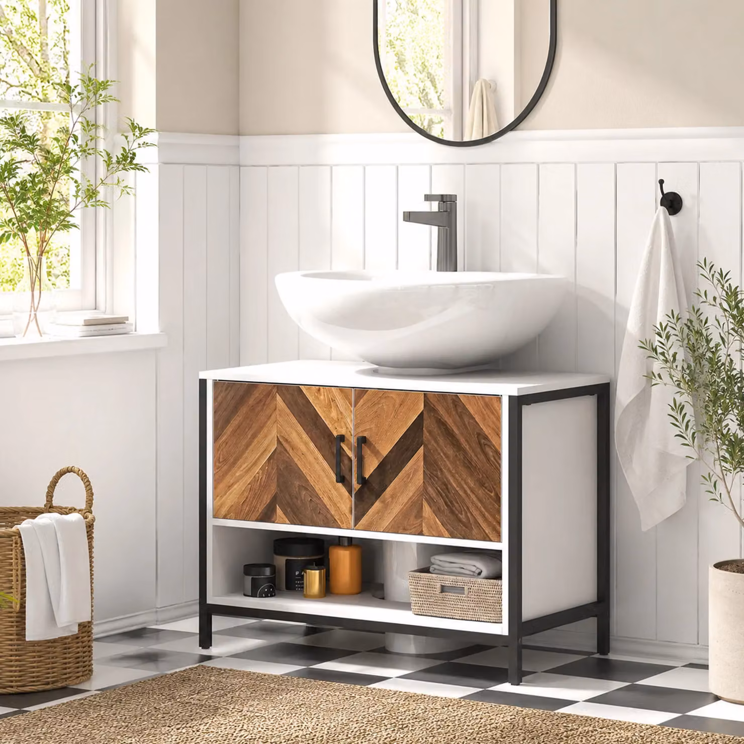 HOMCOM Rustic Multicolour Bathroom Under Sink Cabinet with Hinged Doors and Internal Shelves – 2