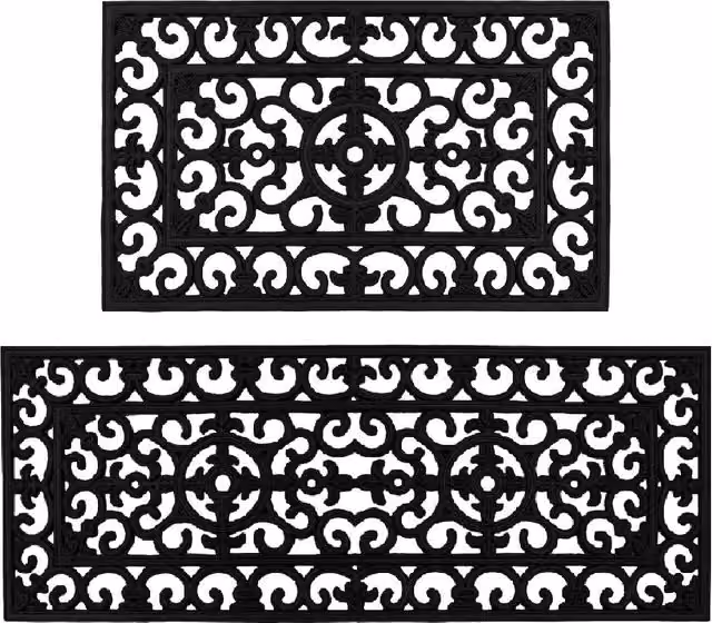 JVL Lexi Wrought Iron Effect Rubber Door Mat and Patio Mat Set in Black, W: 45 cm, L: 120 cm
